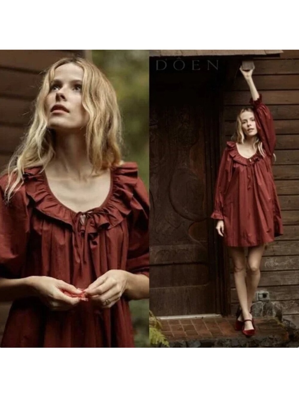 DÔEN Jillian Dress Ruffle Organic Cotton Mahogany Medium EUC